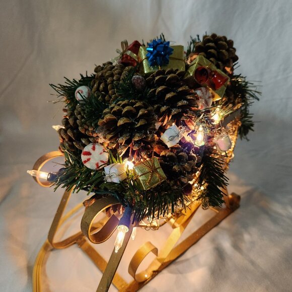 Pinecone Christmas Sleigh Lighted Gold and Christmas Mini Presents Faux Candies - Picture 1 of 13